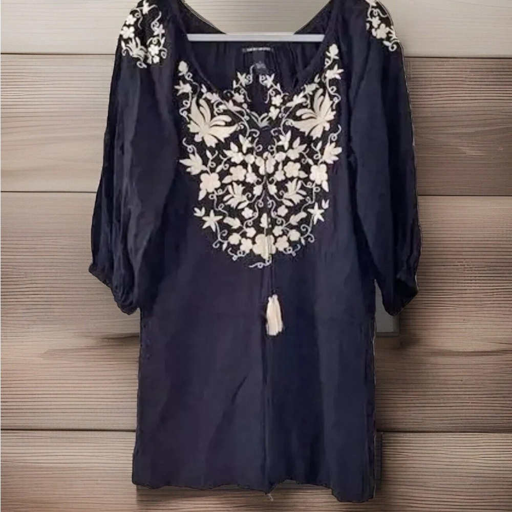 LUCKY BRAND Tunic Womens X-Small Black Embroidered Tasseled 3/4 Sleeve Dress EUC